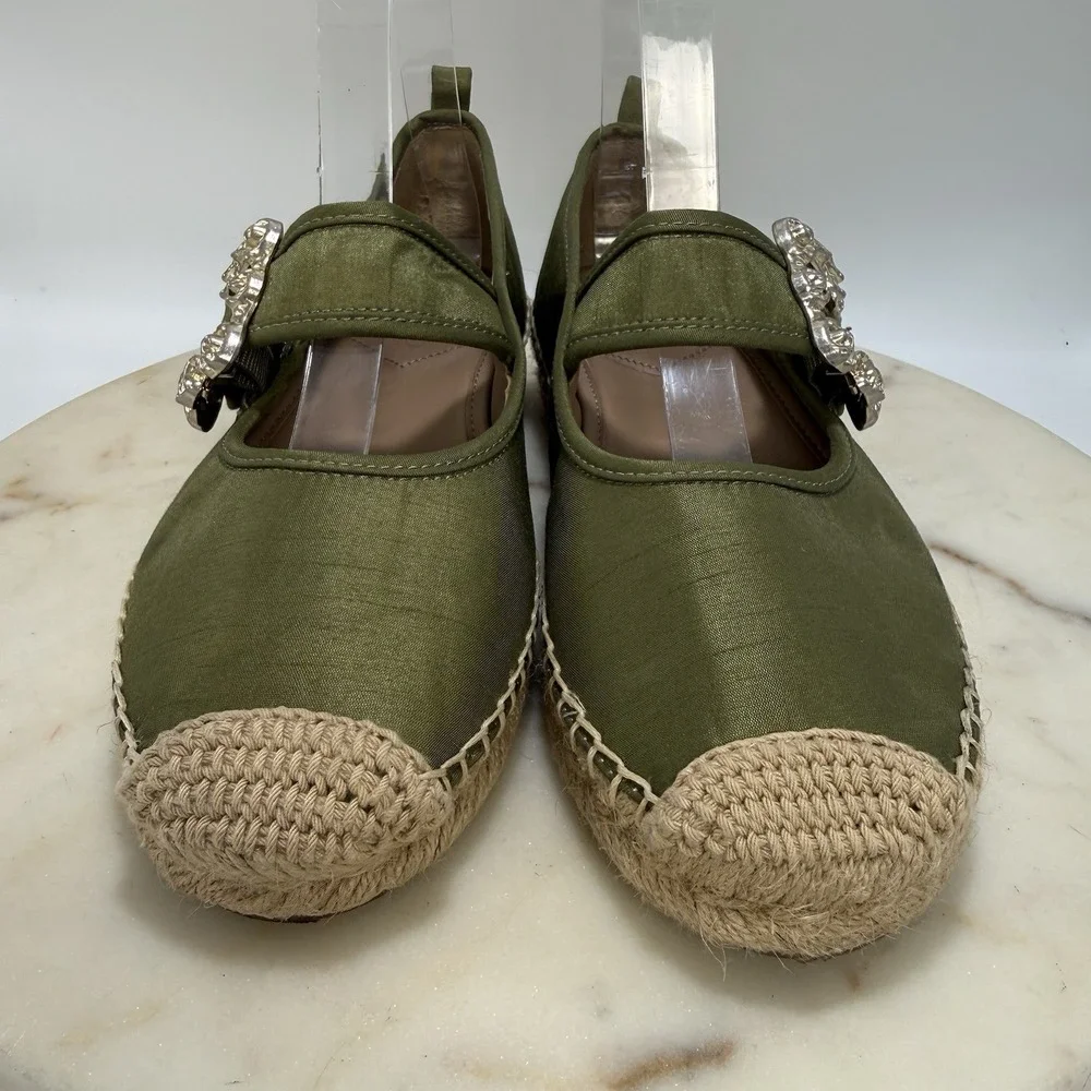 Sam Edelman Maddy Green Espadrille Mary Jane Silky Upper Ornate Buckle Flats 7